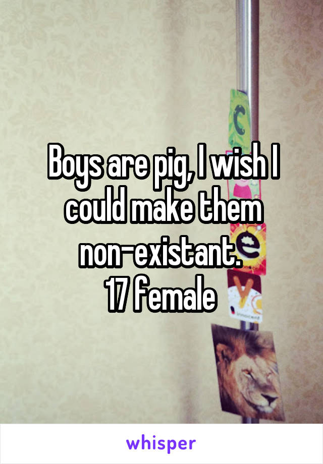 Boys are pig, I wish I could make them non-existant. 
17 female 