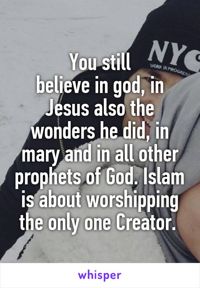 You still
believe in god, in Jesus also the wonders he did, in mary and in all other prophets of God. Islam is about worshipping the only one Creator. 