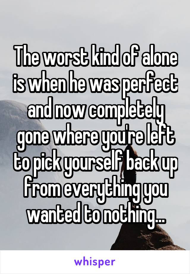 The worst kind of alone is when he was perfect and now completely gone where you're left to pick yourself back up from everything you wanted to nothing...