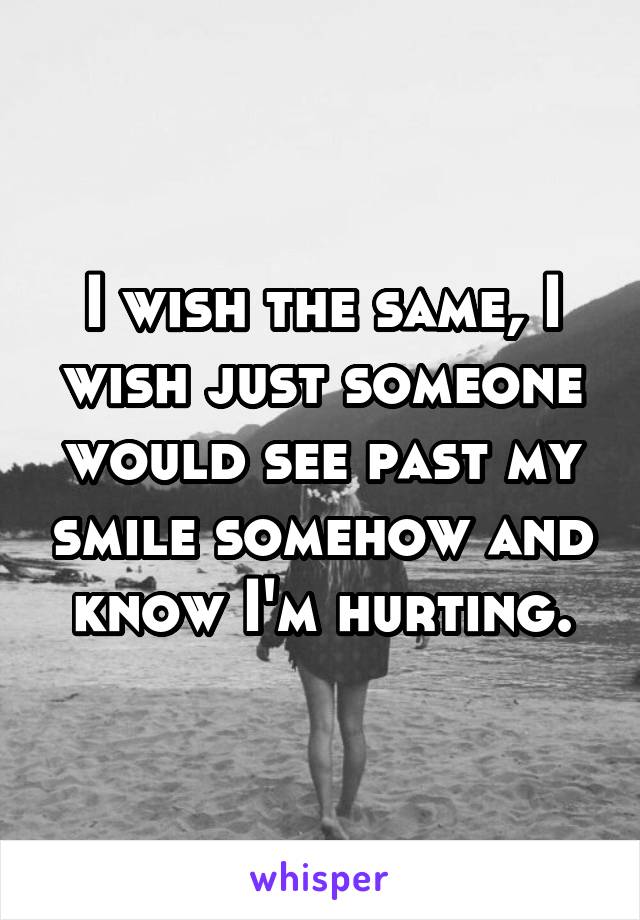 I wish the same, I wish just someone would see past my smile somehow and know I'm hurting.