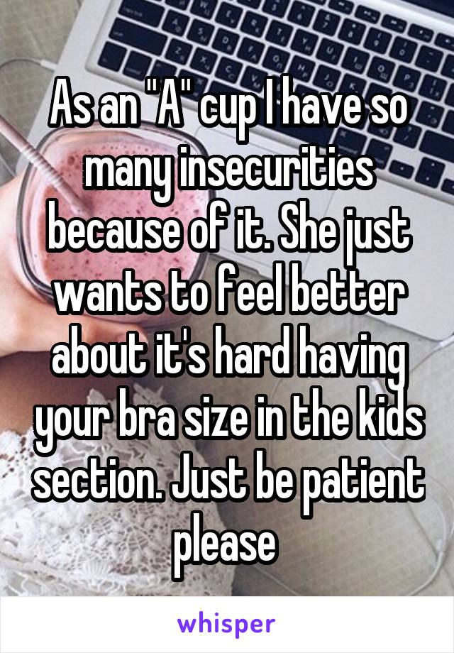 As an "A" cup I have so many insecurities because of it. She just wants to feel better about it's hard having your bra size in the kids section. Just be patient please 