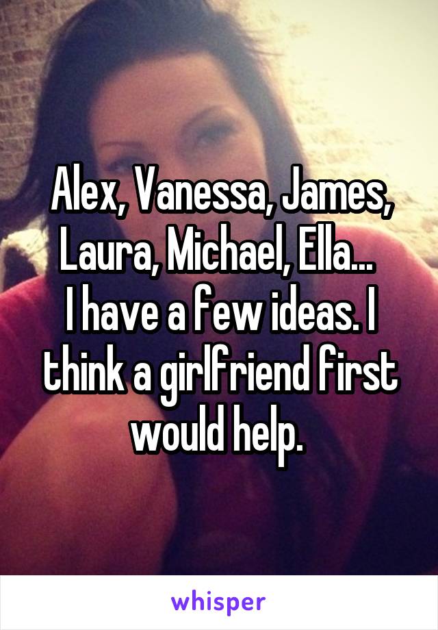 Alex, Vanessa, James, Laura, Michael, Ella... 
I have a few ideas. I think a girlfriend first would help. 