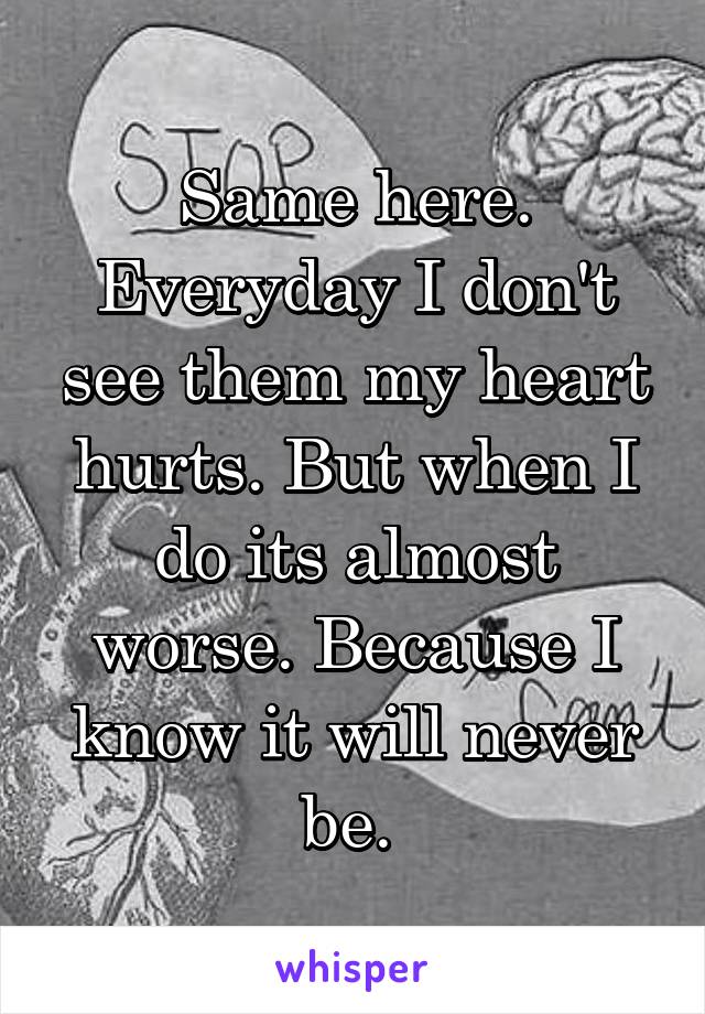 Same here. Everyday I don't see them my heart hurts. But when I do its almost worse. Because I know it will never be. 