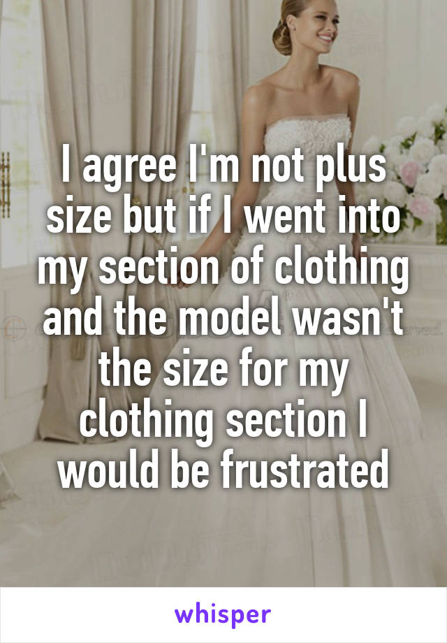 I agree I'm not plus size but if I went into my section of clothing and the model wasn't the size for my clothing section I would be frustrated