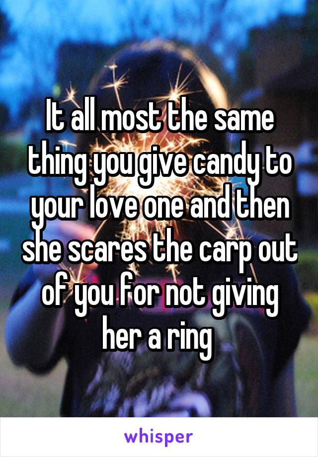 It all most the same thing you give candy to your love one and then she scares the carp out of you for not giving her a ring 