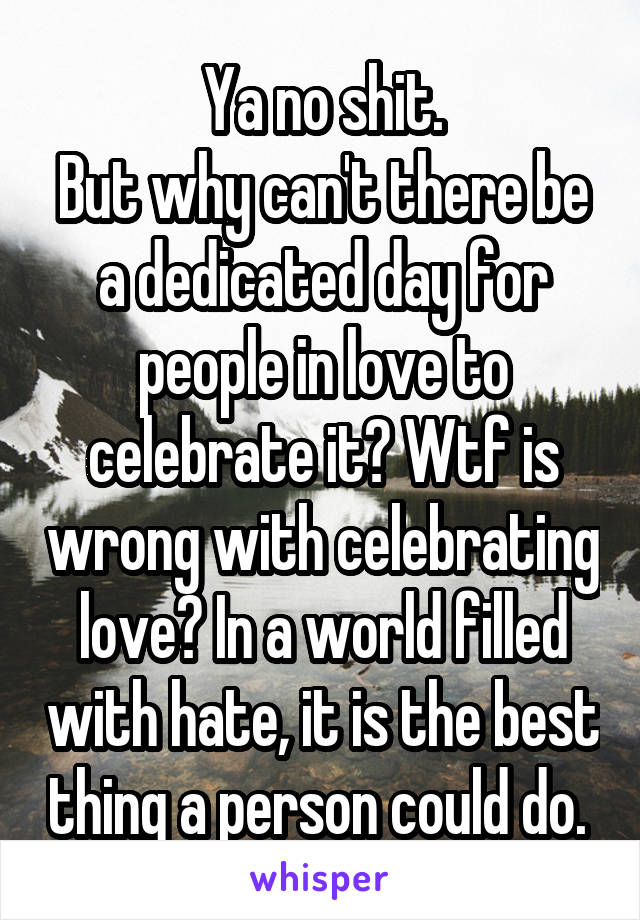 Ya no shit.
But why can't there be a dedicated day for people in love to celebrate it? Wtf is wrong with celebrating love? In a world filled with hate, it is the best thing a person could do. 