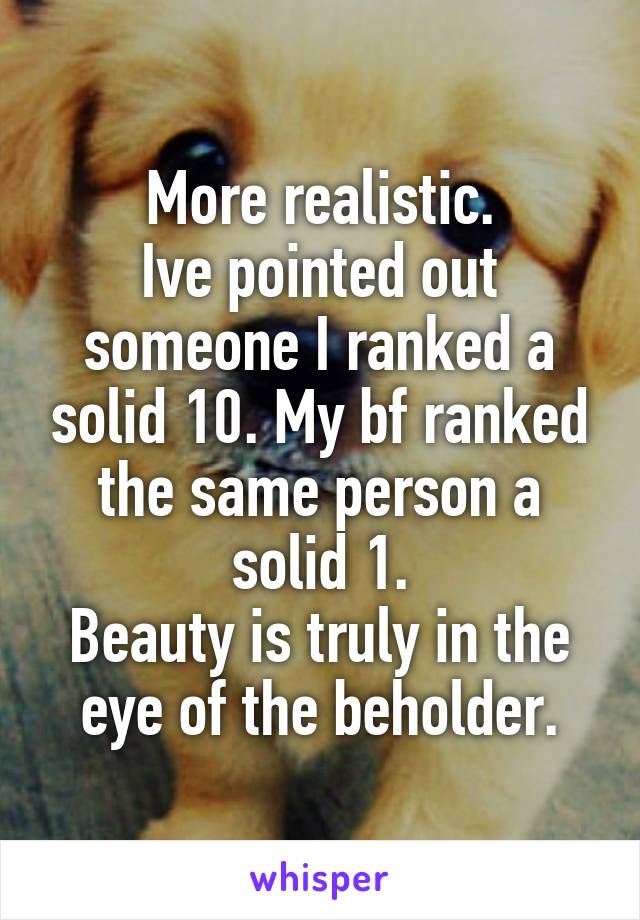 More realistic.
Ive pointed out someone I ranked a solid 10. My bf ranked the same person a solid 1.
Beauty is truly in the eye of the beholder.