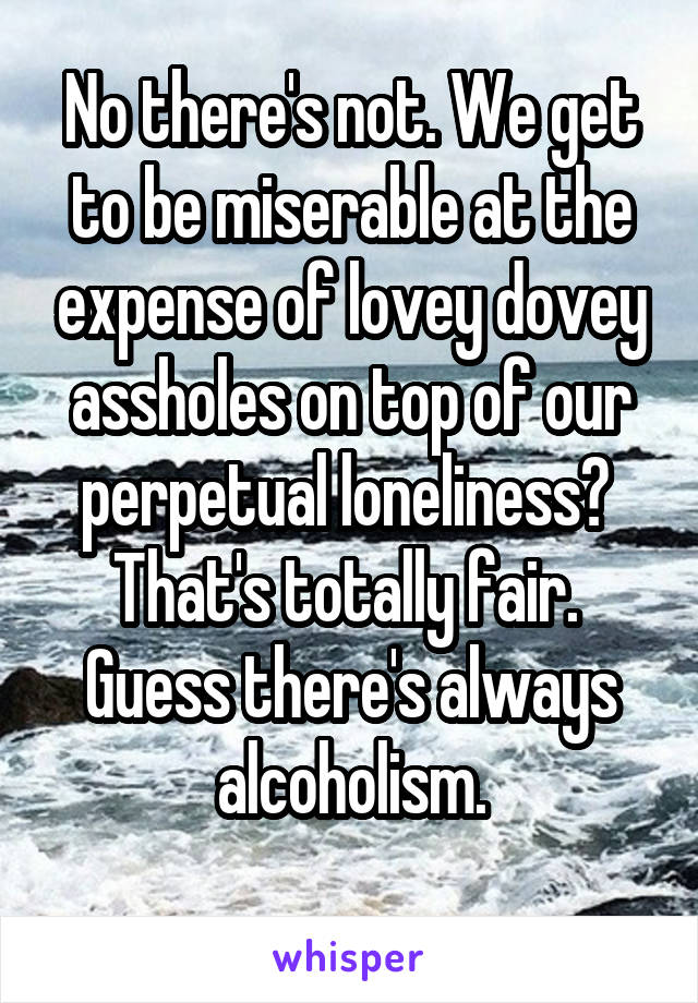 No there's not. We get to be miserable at the expense of lovey dovey assholes on top of our perpetual loneliness?  That's totally fair.  Guess there's always alcoholism.
