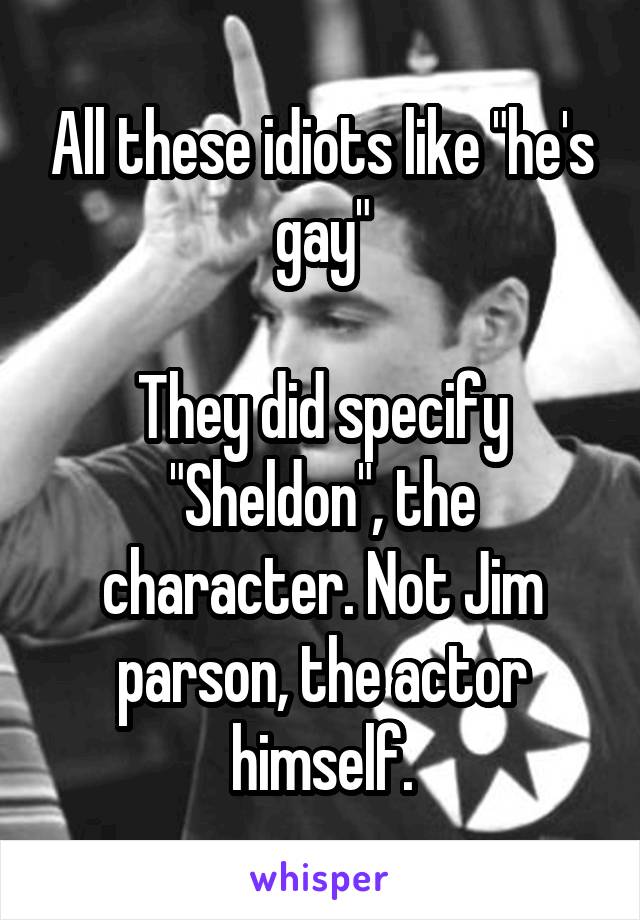 All these idiots like "he's gay"

They did specify "Sheldon", the character. Not Jim parson, the actor himself.