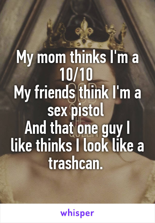 My mom thinks I'm a 10/10 
My friends think I'm a sex pistol 
And that one guy I like thinks I look like a trashcan. 