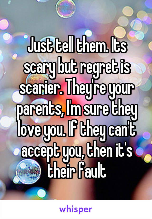Just tell them. Its scary but regret is scarier. They're your parents, I'm sure they love you. If they can't accept you, then it's their fault