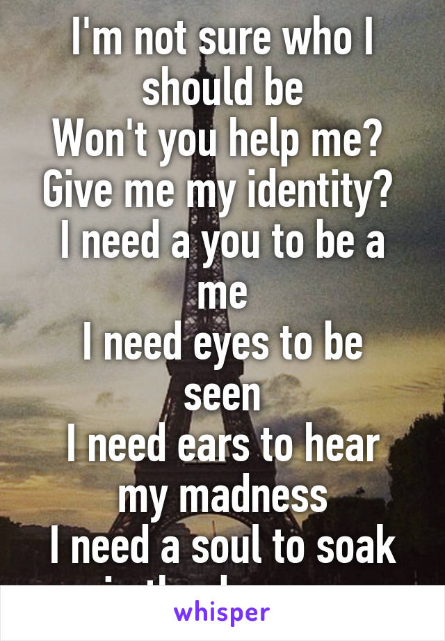 I'm not sure who I should be
Won't you help me? 
Give me my identity? 
I need a you to be a me
I need eyes to be seen
I need ears to hear my madness
I need a soul to soak in the damage