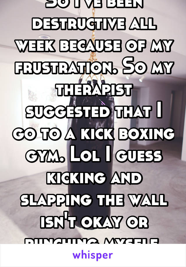 So I've been destructive all week because of my frustration. So my therapist suggested that I go to a kick boxing gym. Lol I guess kicking and slapping the wall isn't okay or punching myself. Smh -_-