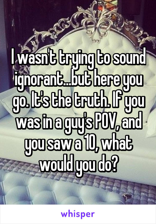 I wasn't trying to sound ignorant...but here you go. It's the truth. If you was in a guy's POV, and you saw a 10, what would you do?