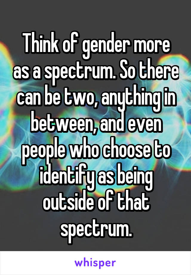 Think of gender more as a spectrum. So there can be two, anything in between, and even people who choose to identify as being outside of that spectrum.