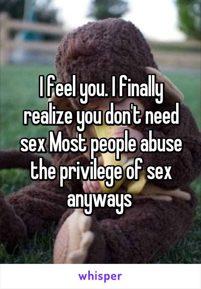 I feel you. I finally realize you don't need sex Most people abuse the privilege of sex anyways 