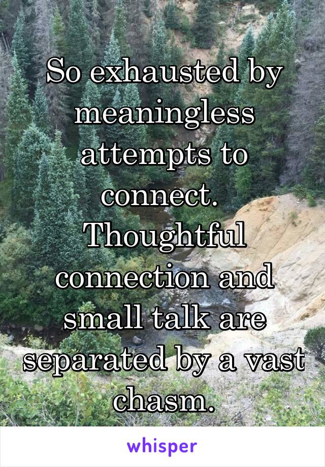 So exhausted by meaningless attempts to connect. 
Thoughtful connection and small talk are separated by a vast chasm.