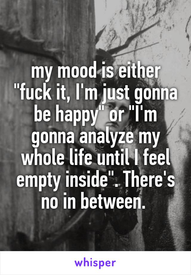 my mood is either "fuck it, I'm just gonna be happy" or "I'm gonna analyze my whole life until I feel empty inside". There's no in between. 