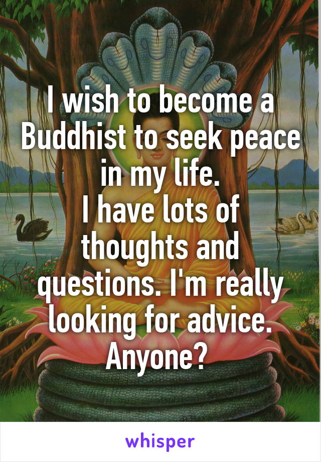 I wish to become a Buddhist to seek peace in my life.
I have lots of thoughts and questions. I'm really looking for advice. Anyone? 