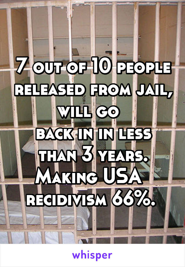 7 out of 10 people released from jail, will go  
back in in less than 3 years. Making USA  
recidivism 66%. 