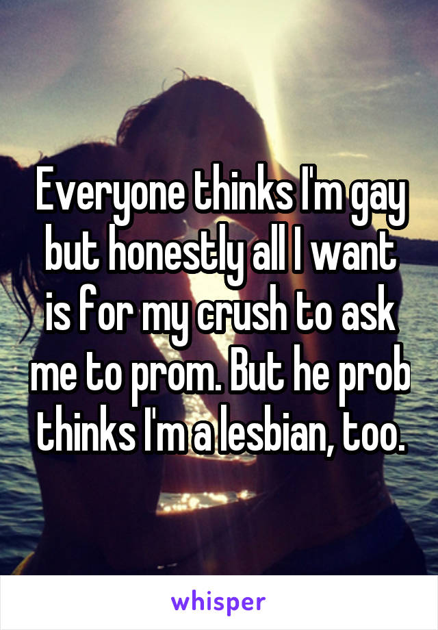 Everyone thinks I'm gay but honestly all I want is for my crush to ask me to prom. But he prob thinks I'm a lesbian, too.