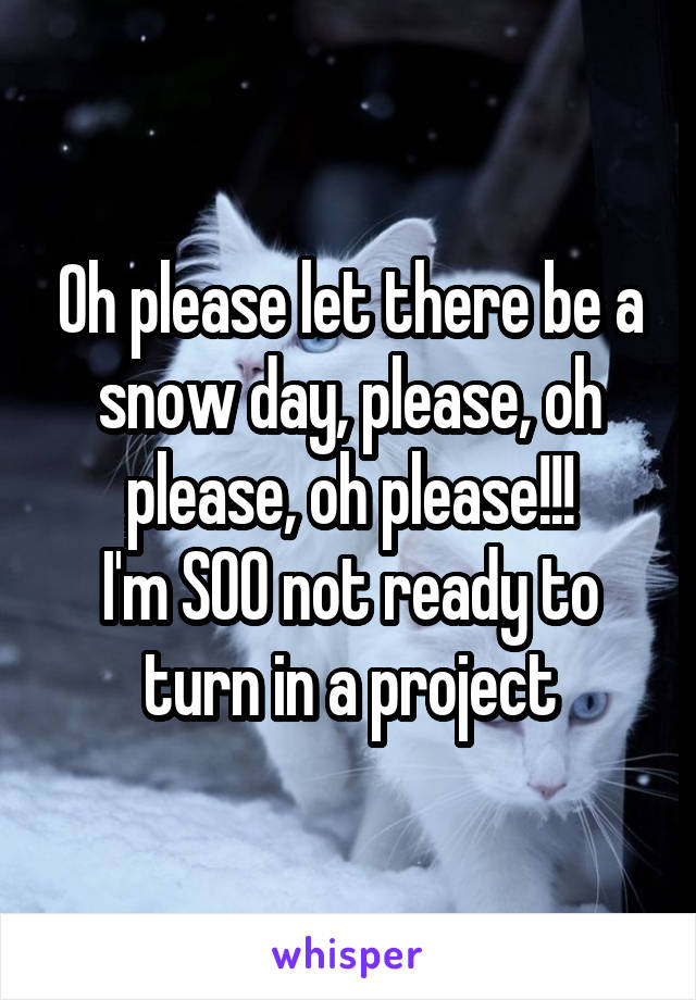 Oh please let there be a snow day, please, oh please, oh please!!!
I'm SOO not ready to turn in a project