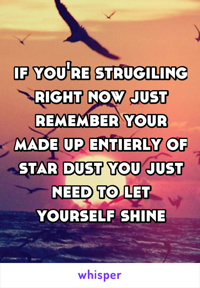 if you're strugiling right now just remember your made up entierly of star dust you just need to let yourself shine