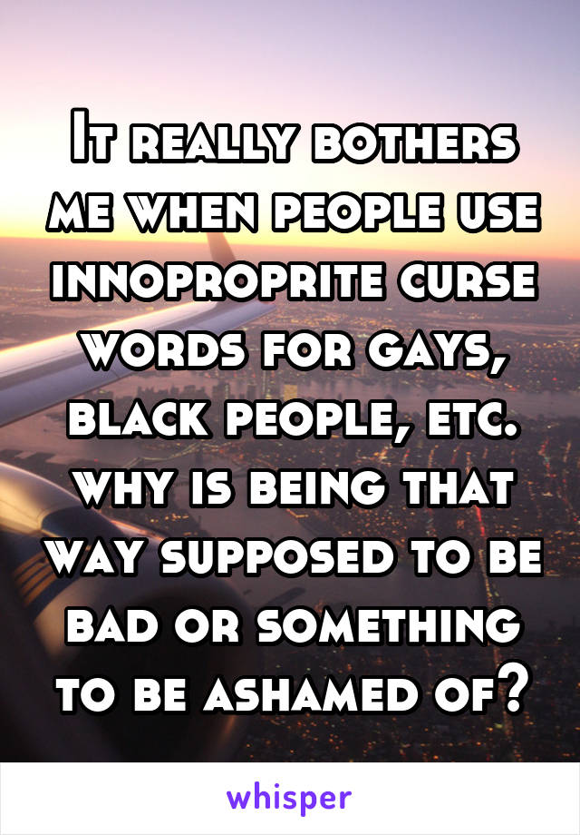 It really bothers me when people use innoproprite curse words for gays, black people, etc. why is being that way supposed to be bad or something to be ashamed of?