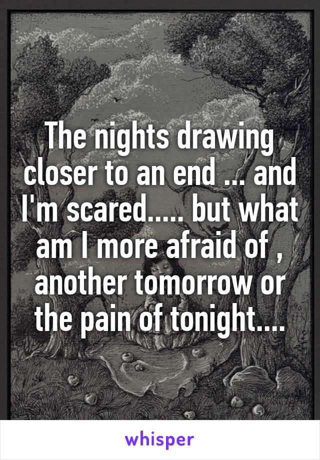 The nights drawing closer to an end ... and I'm scared..... but what am I more afraid of , another tomorrow or the pain of tonight....