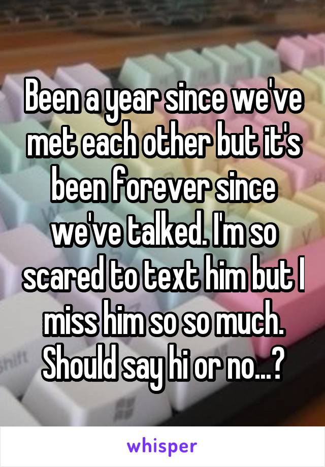 Been a year since we've met each other but it's been forever since we've talked. I'm so scared to text him but I miss him so so much. Should say hi or no...?