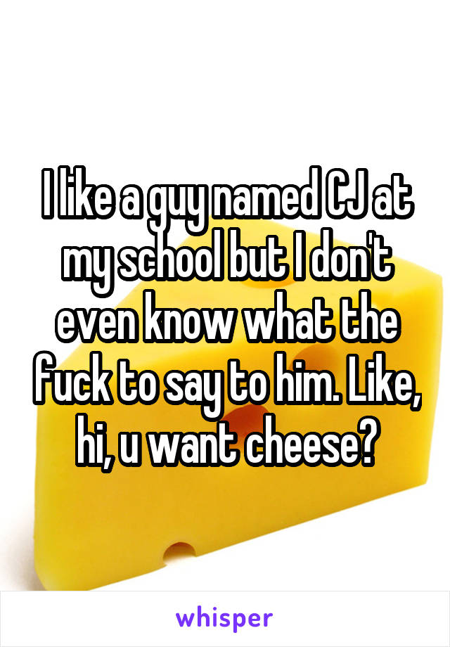 I like a guy named CJ at my school but I don't even know what the fuck to say to him. Like, hi, u want cheese?