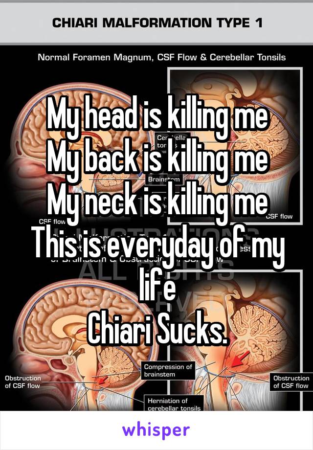 My head is killing me
My back is killing me
My neck is killing me
This is everyday of my life
Chiari Sucks.