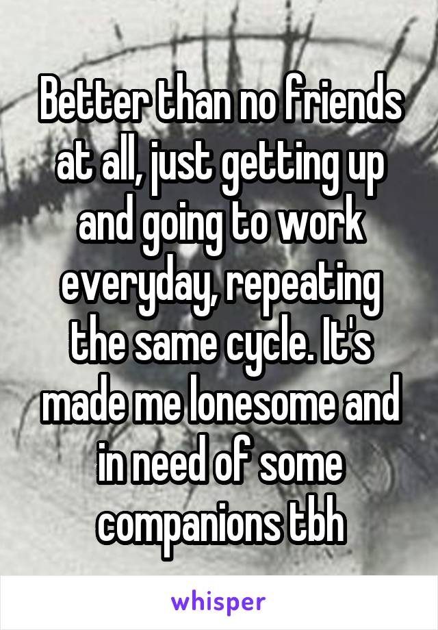 Better than no friends at all, just getting up and going to work everyday, repeating the same cycle. It's made me lonesome and in need of some companions tbh