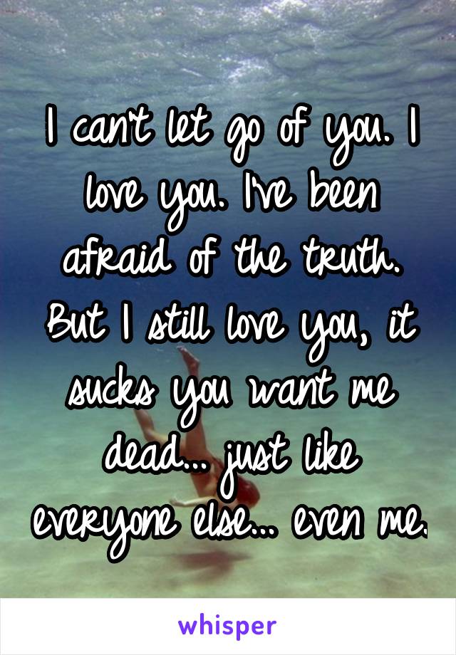 I can't let go of you. I love you. I've been afraid of the truth. But I still love you, it sucks you want me dead... just like everyone else... even me.