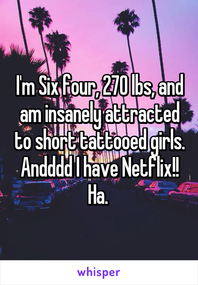 I'm Six four, 270 lbs, and am insanely attracted to short tattooed girls. Andddd I have Netflix!! Ha. 