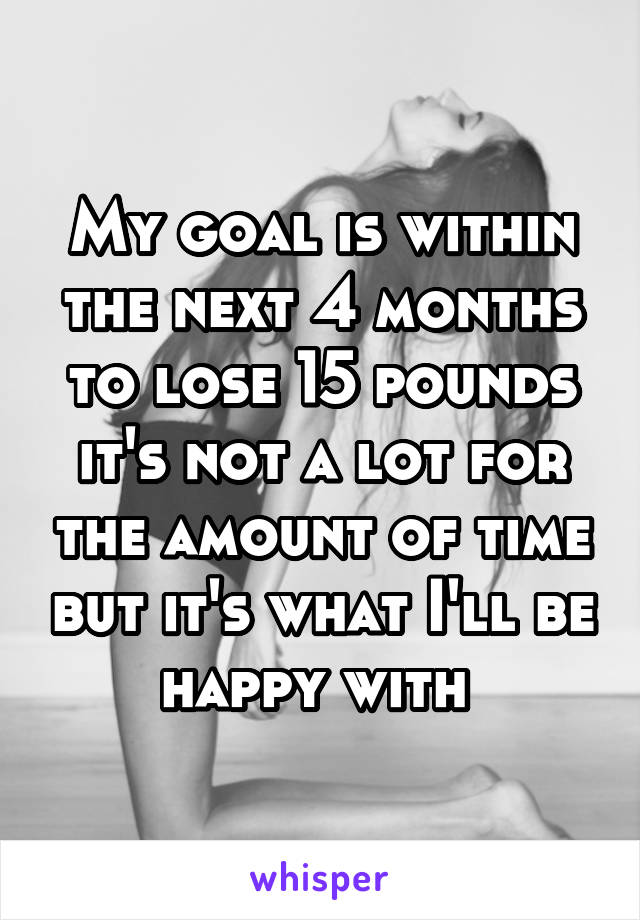 My goal is within the next 4 months to lose 15 pounds it's not a lot for the amount of time but it's what I'll be happy with 