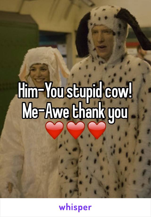 Him-You stupid cow!
Me-Awe thank you 
❤️❤️❤️