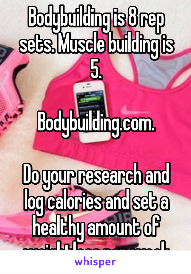 Bodybuilding is 8 rep sets. Muscle building is 5.

Bodybuilding.com.

Do your research and log calories and set a healthy amount of weightloss per week