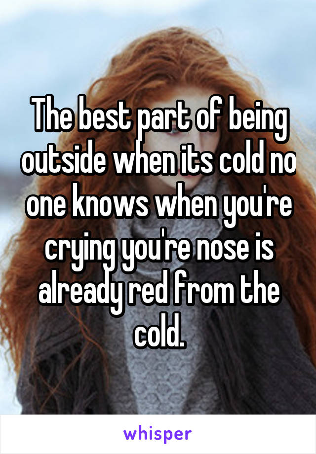 The best part of being outside when its cold no one knows when you're crying you're nose is already red from the cold.