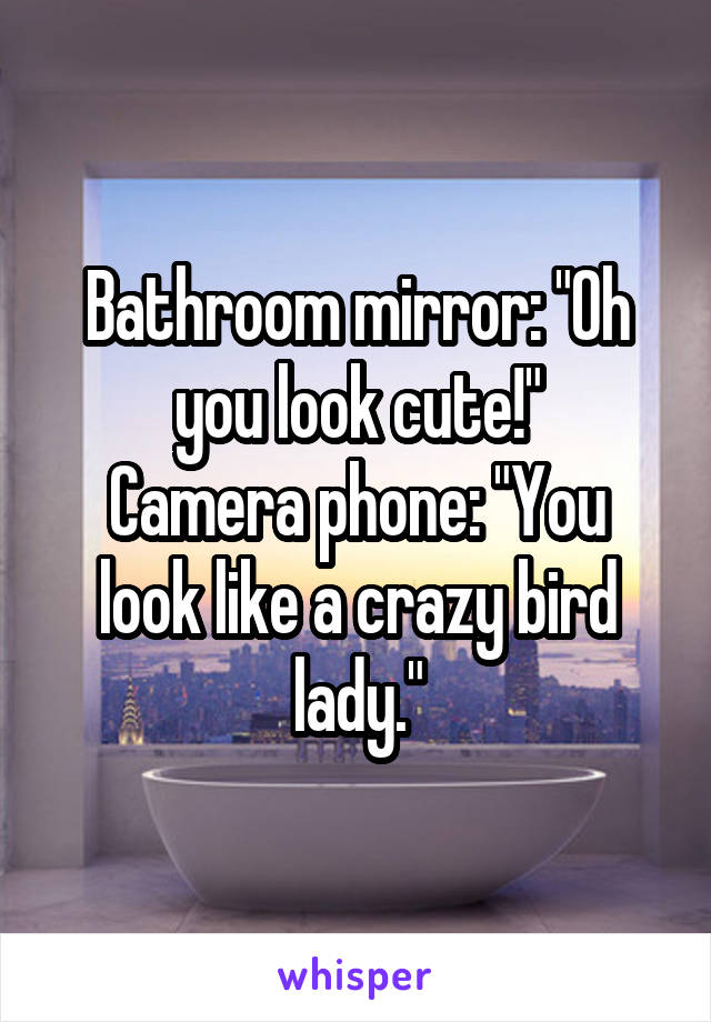 Bathroom mirror: "Oh you look cute!"
Camera phone: "You look like a crazy bird lady."