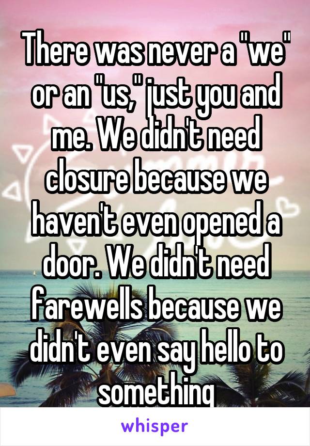 There was never a "we" or an "us," just you and me. We didn't need closure because we haven't even opened a door. We didn't need farewells because we didn't even say hello to something