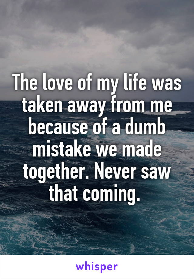 The love of my life was taken away from me because of a dumb mistake we made together. Never saw that coming. 