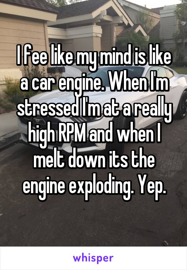 I fee like my mind is like a car engine. When I'm stressed I'm at a really high RPM and when I melt down its the engine exploding. Yep.
