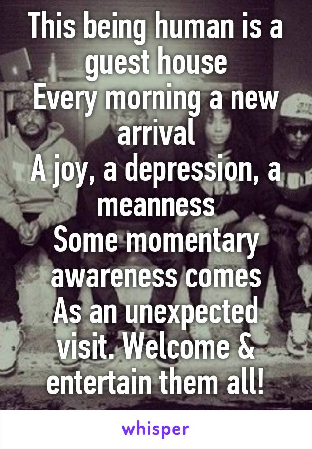 This being human is a guest house
Every morning a new arrival
A joy, a depression, a meanness
Some momentary awareness comes
As an unexpected visit. Welcome & entertain them all!
