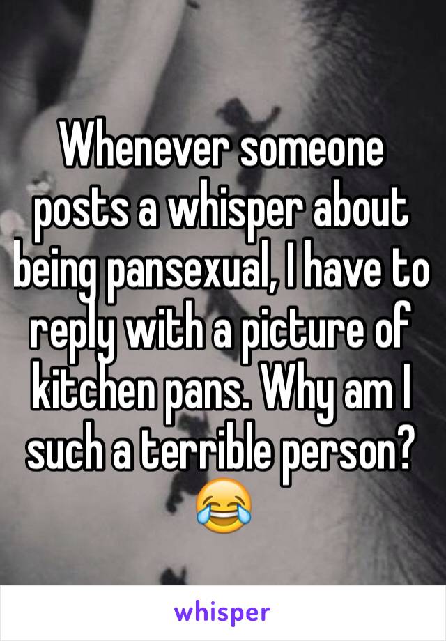 Whenever someone posts a whisper about being pansexual, I have to reply with a picture of kitchen pans. Why am I such a terrible person? 😂