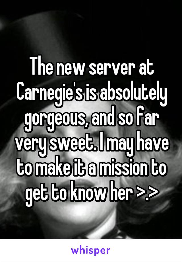 The new server at Carnegie's is absolutely gorgeous, and so far very sweet. I may have to make it a mission to get to know her >.>