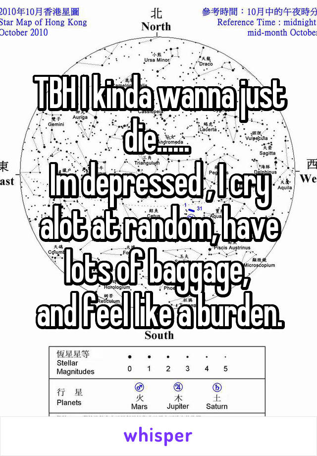 TBH I kinda wanna just die...... 
Im depressed , I cry alot at random, have lots of baggage, 
and feel like a burden.
