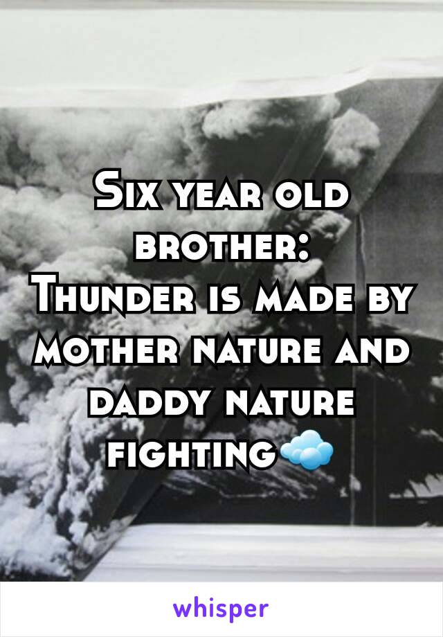 Six year old brother:
Thunder is made by mother nature and daddy nature fighting☁