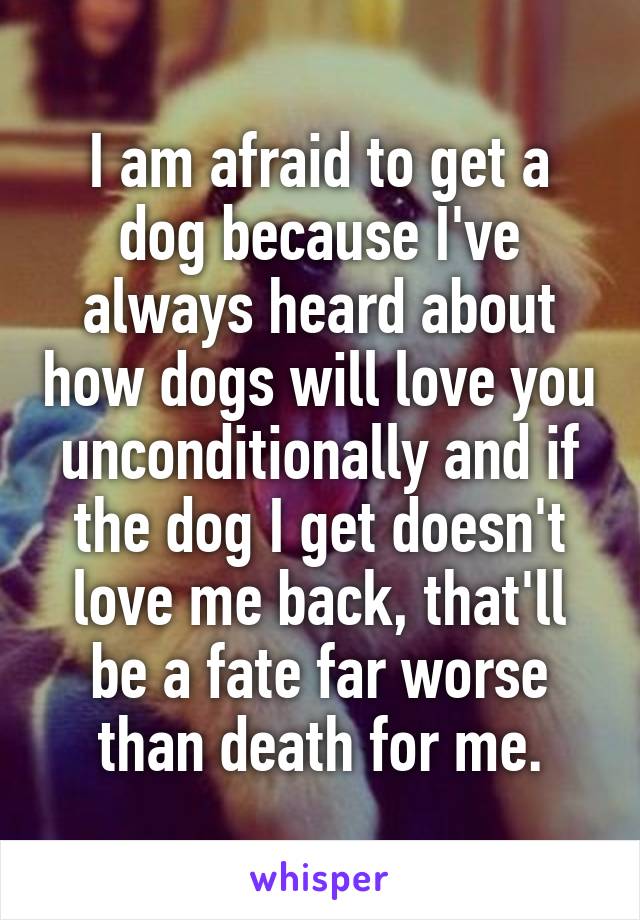 I am afraid to get a dog because I've always heard about how dogs will love you unconditionally and if the dog I get doesn't love me back, that'll be a fate far worse than death for me.