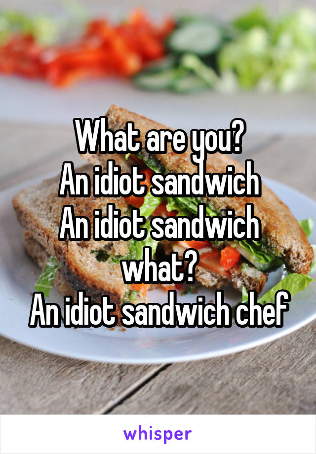 What are you?
An idiot sandwich
An idiot sandwich what?
An idiot sandwich chef